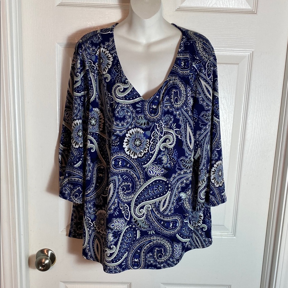 Tacera Women Navy Paisley V-Neck Blouse Plus Size 2X Bell Sleeve